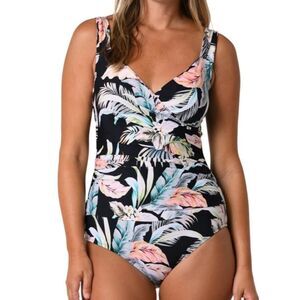 Jantzen Womens Draped Surplice Va Neck Floral One Piece Swimsuit 10